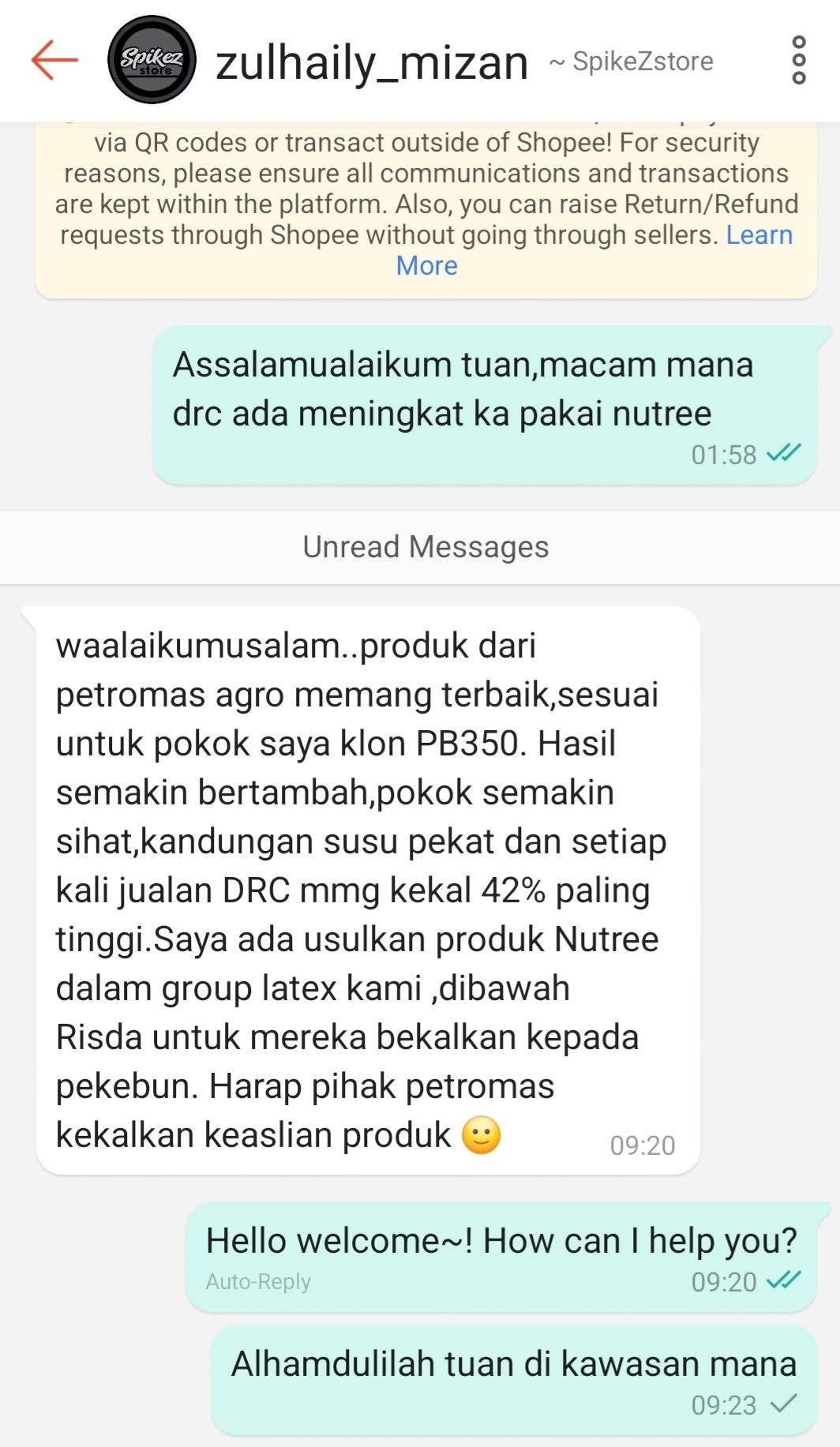 Maklum balas pelanggan Nutree melalui WhatsApp
